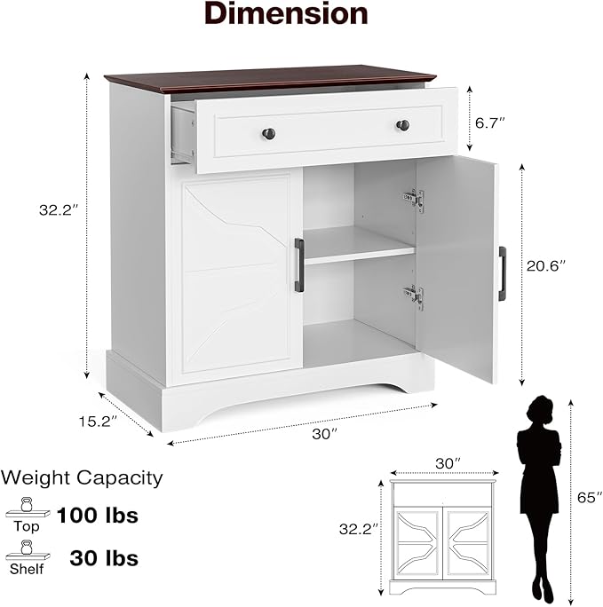 Buffet Cabinet with Storage, Coffee Bar with Drawer & Adjustable Shelf, Modern Sideboard for Kitchen, Dining Room, Living Room, White