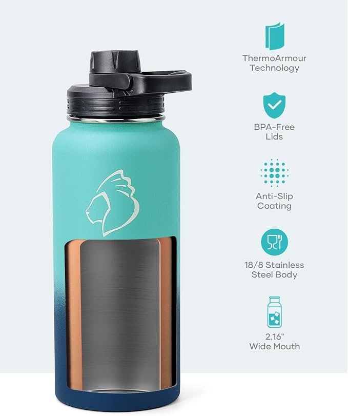 BUZIO 32 oz Water Bottle Insulated with Straw & 3 lid and Carrying Pouch, Leak Proof Anti-Slip Stainless Steel Water Flask Jug, Cold for 48 Hrs Double Vacuum Thermo Canteen, BPA-Free, Caribbean Blue