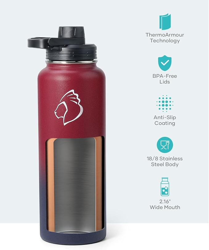 BUZIO 40 oz Water Bottle Insulated with Straw & 3 lid and Carrying Pouch, Leak Proof Anti-Slip Stainless Steel Water Flask Jug, Cold for 48 Hrs Double Vacuum Thermo Canteen, BPA-Free, Ruby Red Navy