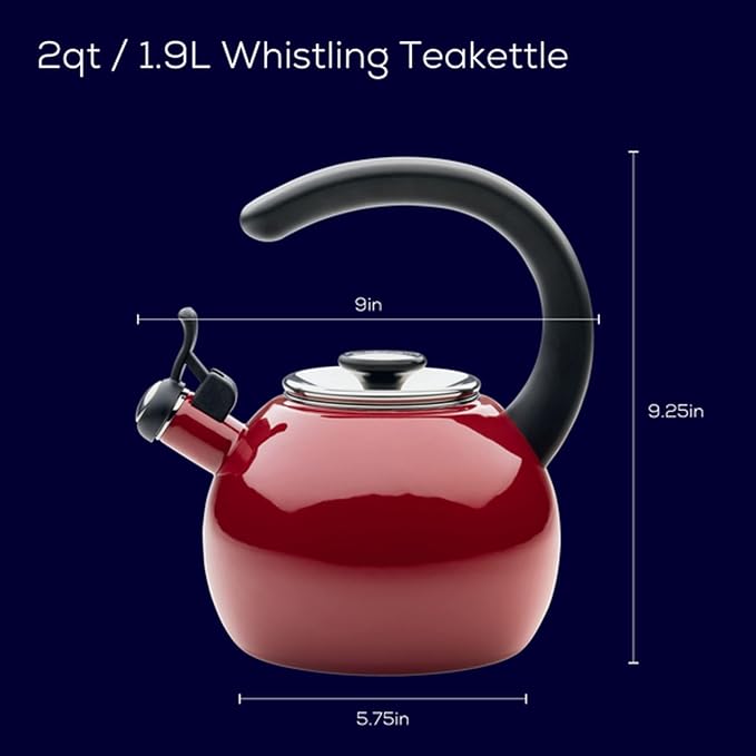 Circulon Enamel on Steel Whistling Teakettle/Teapot With Flip-Up Spout, 2 Quart - Red