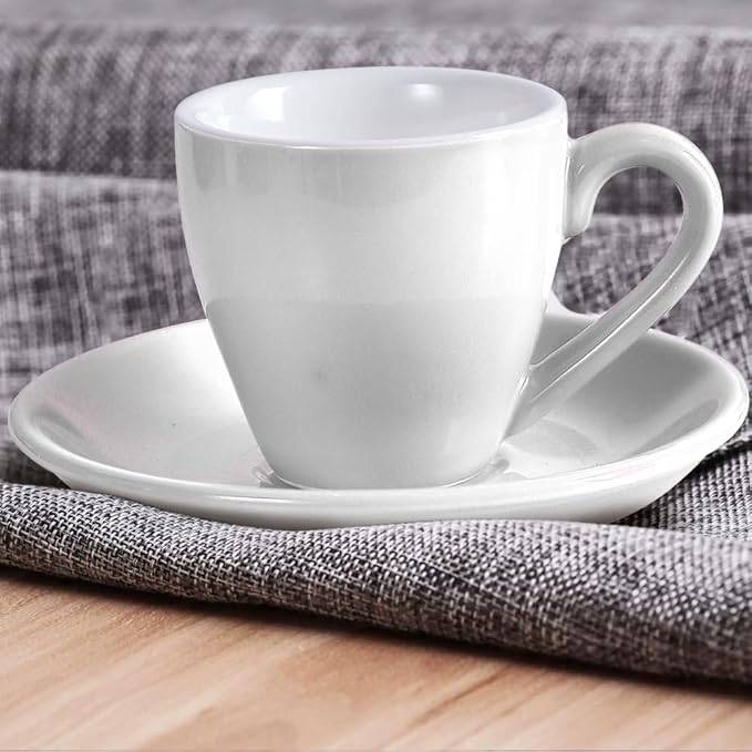 homEdge Porcelain Espresso Shot Cup Set with Saucers and Stainless Steel Spoons - 80 ml / 2.67 oz, Set of 4, White