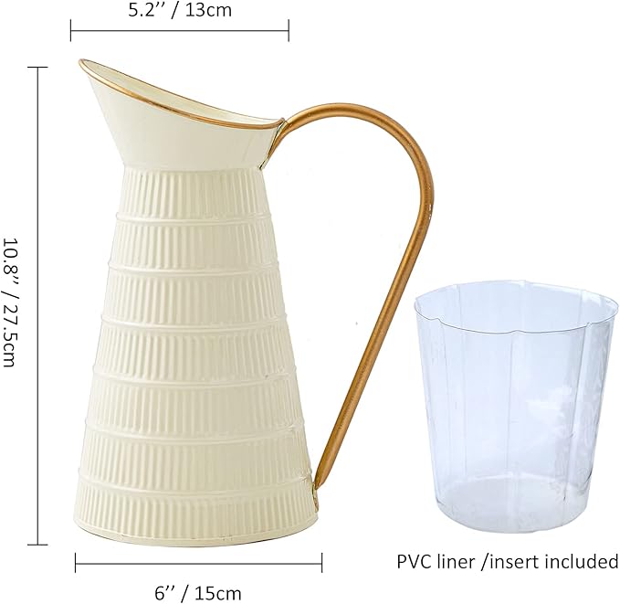 Elegant Cream/White Metal Pitcher Vase, Farmhouse Galvanized Flower Vase, Rustic Decorative Milk Jug for Home Decor, 10.8''H