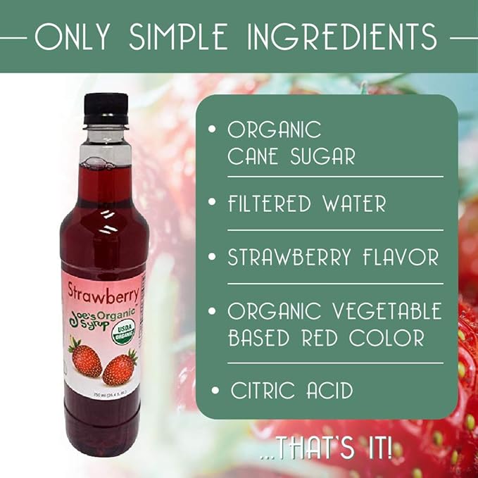 Joe’s Syrup Organic Flavored Syrup, Organic Strawberry, 750 ml (3 Pack)