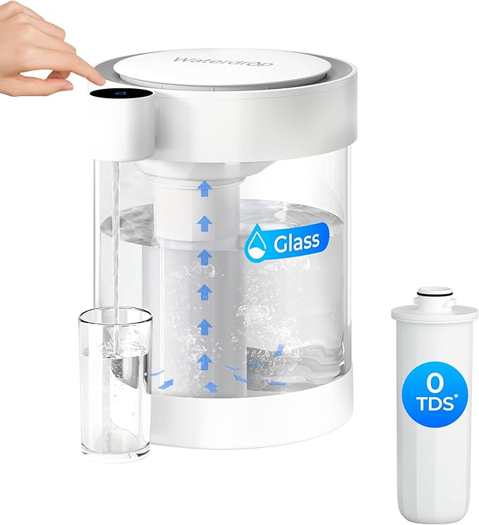 Waterdrop 0 TDS Glass Rechargeable Water Filter Dispenser, 4-Stage Zero TDS Electric Instant Pitcher, Reduce Chlorine, Lead, Copper, Large 22-Cup Countertop Water Filtration System, with 1 Filter