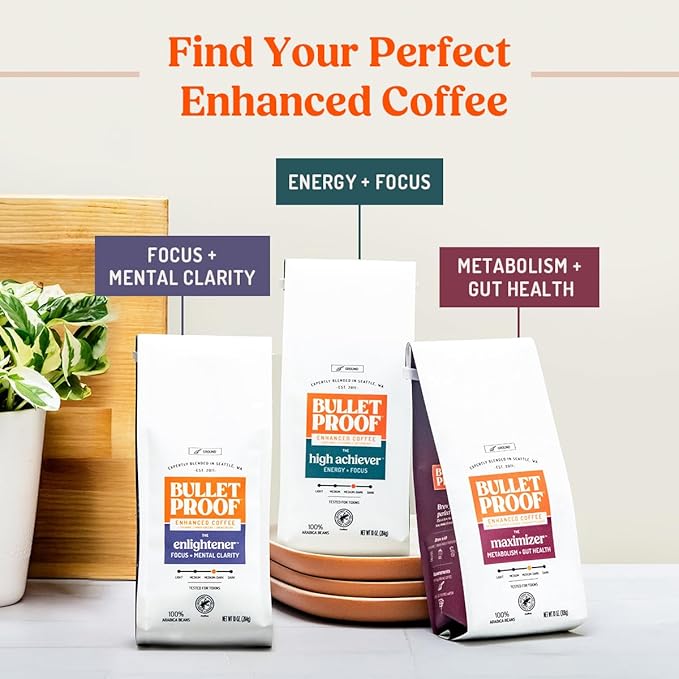 Bulletproof The Enlightener Ground Coffee, 10 Ounces, Medium-Dark Roast Enhanced Coffee with L-Theanine, Panax Ginseng and Gingko Biloba, Supports Mental Clarity, Focus, and Memory