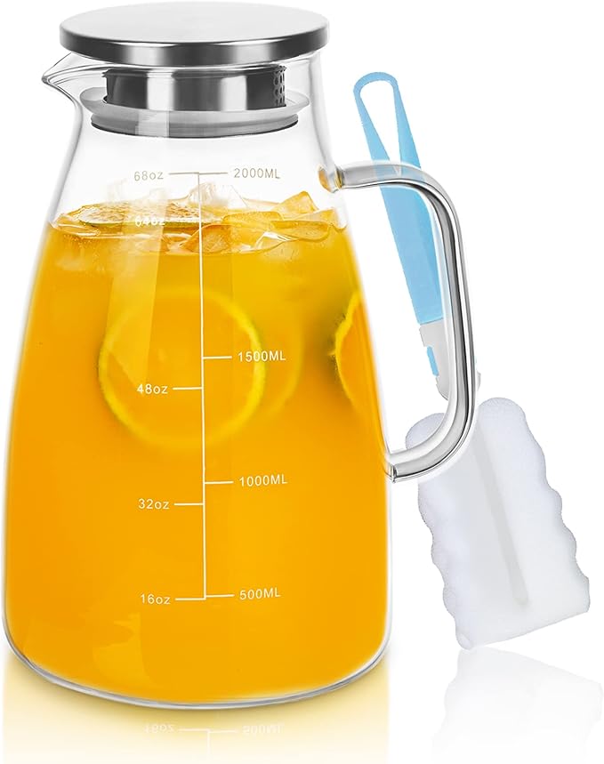 Joeyan 2 Liter 68oz Glass Pitcher with Lid, Large Heat Resistant Glass Water Carafe with Handle and Scale Line for Hot/Cold Drinks- Water, Cold Brew, Iced Tea & Juice, Including Long-Handled Brush