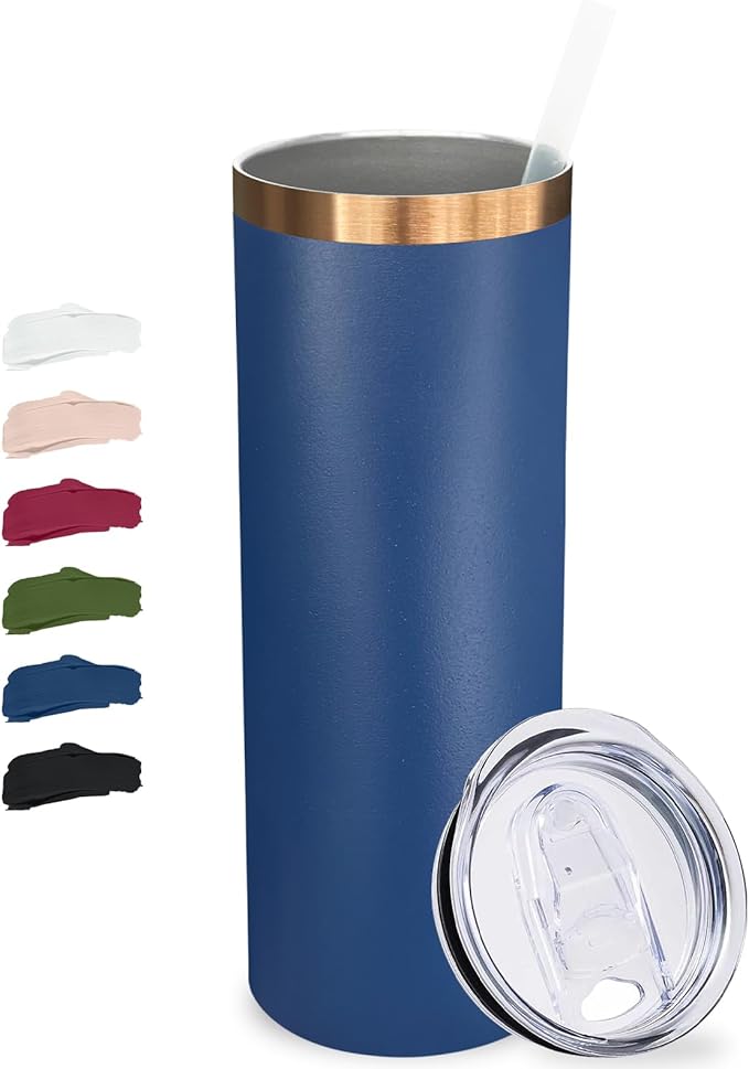 20 oz Skinny Tumblers Bulk, Stainless Steel Insulated Tumbler with Lids and Straws, Slim Double Wall Powder Coated Travel Coffee Mugs, Reusable Cup for Hot and Cold Drinks (Navy,1 pack)