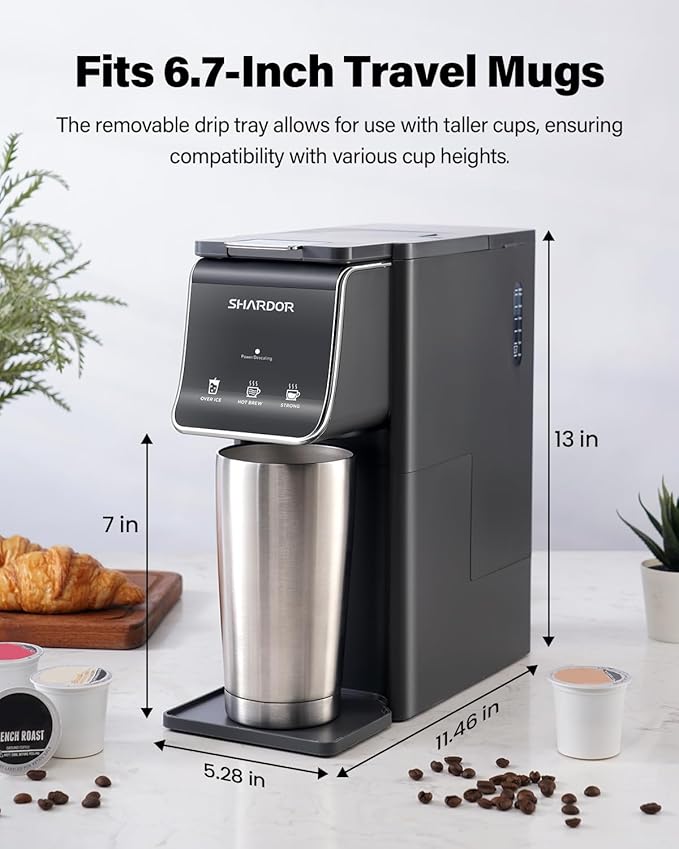 SHARDOR Hot & Iced Coffee Maker, K Cup Coffee Maker Compatible with Ground Coffee, Single Serve Coffee Machine with Bold Setting, Reusable Filter, Travel Mug Friendly, Compact Design, Grey