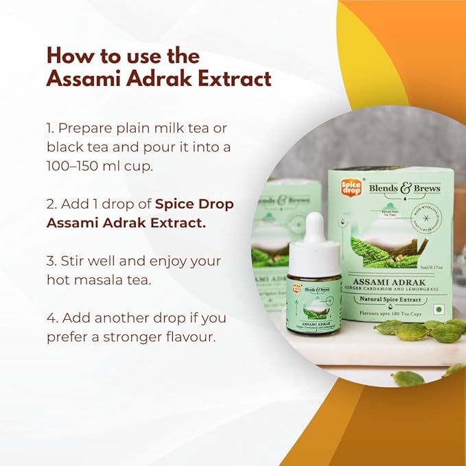 Spice Drop - Tea, Coffee, Latte | Premium Quality & Rich Aroma | Authentic Indian Spices Extract | Pure Spice Blend With No Added Color or Preservative | Unsweetened | Non-GMO | Vegan | Gluten Free| 0.17 Oz | Upto 180 Cups (Assami Adrak, Pack of 1)