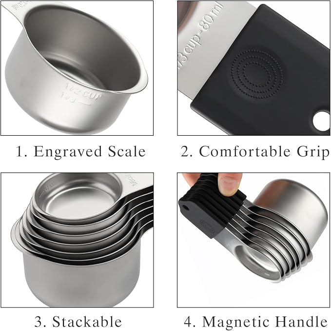 Magnetic Measuring Cups and Spoons Set Including 7 Stainless Steel Stackable Measuring Cup 8 Double Sided Magnetic Measuring Spoons with 1 Leveler for Dry and Liquid Ingredients (black)