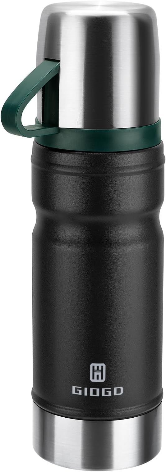 Vacuum Insulated Water Bottle Thermo Water Flask with Cup 680ml/23oz Stainless Steel Thermal Water Bottles Thermo for Hot and Cold Drinks Coffee Water(Black,Single)