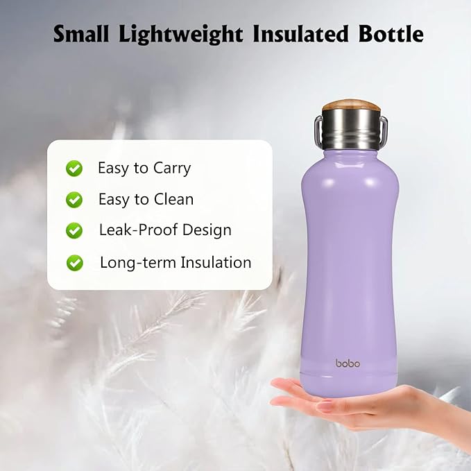 YOHKOH Mini Insulated Water Bottle With Bamboo Lid - 11.8oz Small Vacuum Insulated Water Bottle for Women Kids, 12 Hrs Hot & 24 Hrs Cold Stainless Steel Thermos Leak-Proof BPA-Free (11.8oz,Violets)