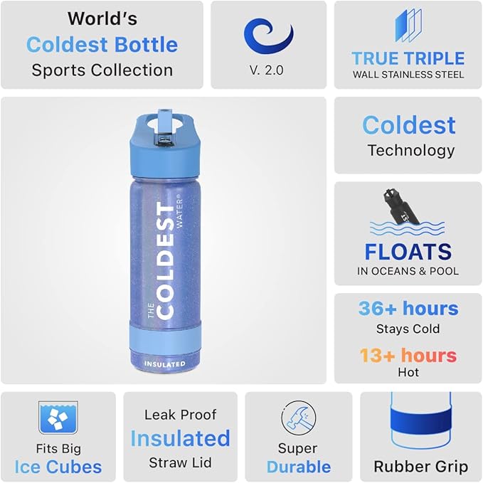 Coldest Insulated Water Bottle with Straw Lid - Stainless Steel Metal Insulated Bottle for Men & Women (Galactic Blue Glitter, 18 oz)