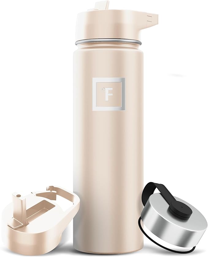 IRON °FLASK Camping & Hiking Hydration Flask with 3 Lids - Stainless Steel, Double Walled & Vacuum Insulated Water Bottle - Leak Proof & BPA Free (Sand, Straw - 22 oz)