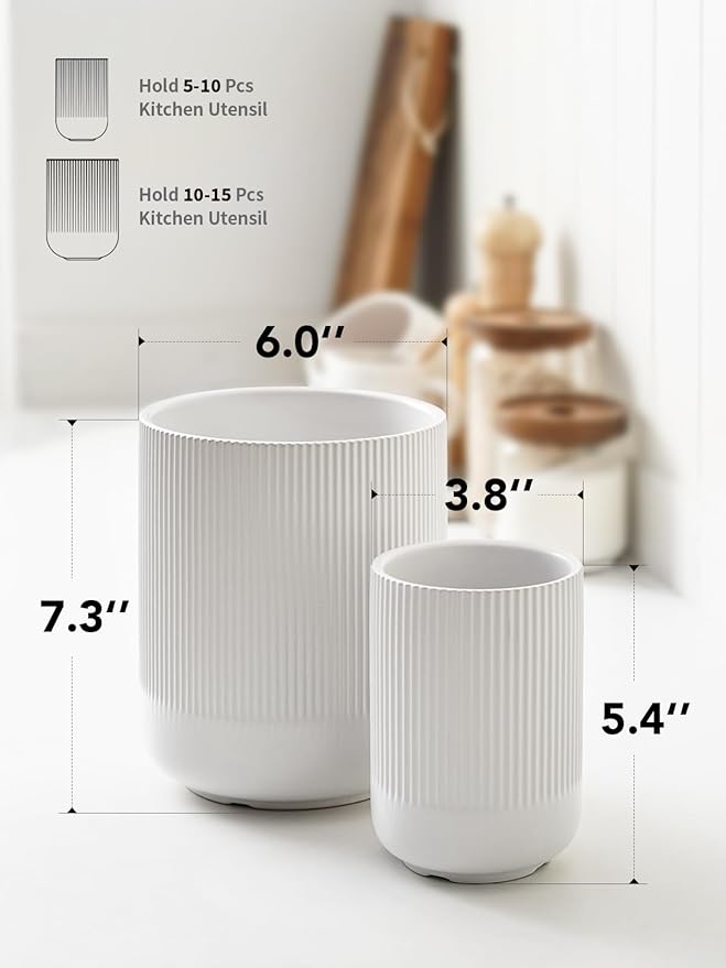 LE TAUCI Utensil Holder, 7.3"+5.4" Ceramic Kitchen Utensil Holder for Countertop, Large Cooking Utensil Crocks for Kitchen Counter Decor, Morden Utensil Organizer for Spatula, Set of 2, White