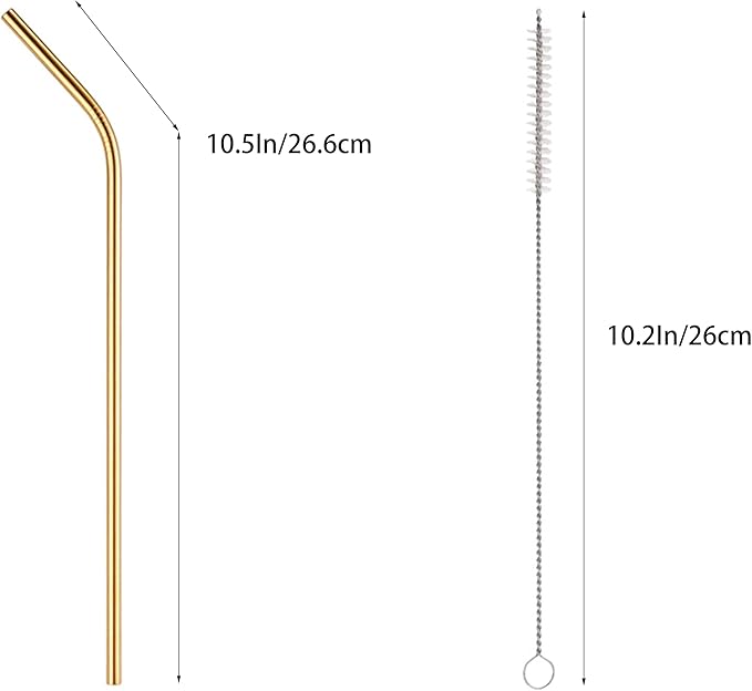 10 Pcs Stainless Steel Straws, Reusable Drinking Straws, Bent Metal Straw Sets with 2 Pcs Cleaning Brushes (Gold, 10.5 Inch)