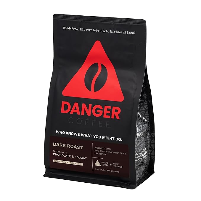 Danger Coffee by Dave Asprey, Remineralized, Mold Free & Lab Tested Ground Coffee, Dark Roast, 10.9 Ounce