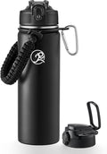 GOSWAG Insulated Sports Water Bottle, 24oz 2 Lids(with Straw/No Straw), Stainless Steel Water Bottles with Paracord Handle, Insulated Bottle with Double-Wall Vacuum Insulation