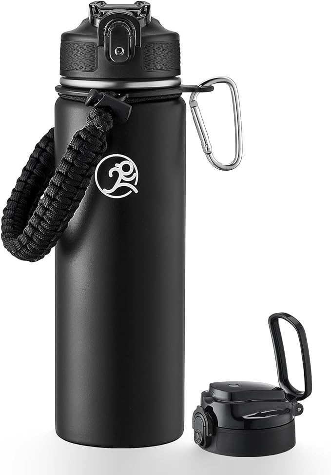 GOSWAG Insulated Sports Water Bottle, 24oz 2 Lids(with Straw/No Straw), Stainless Steel Water Bottles with Paracord Handle, Insulated Bottle with Double-Wall Vacuum Insulation