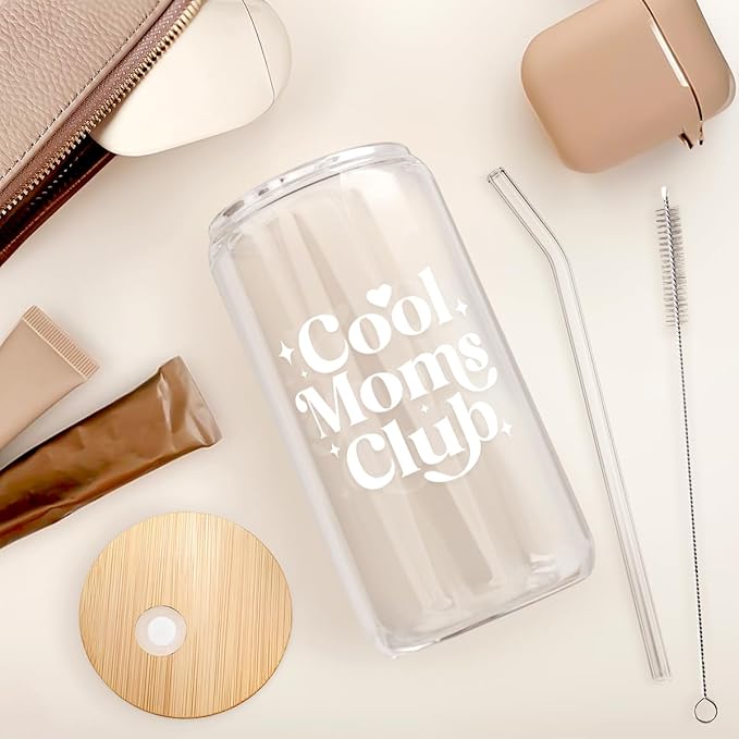 SANDJEST Mom Glass Can, Cool Mom Club Cup with Lid & Straw, Iced Coffee Aesthetic Cups, Idea Gift for Christmas Birthday Mother Day, Gifts for Women, 16oz