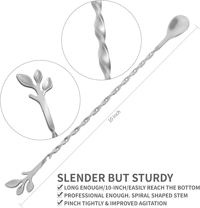 AnSaw Silver 10-Inch Stainless Steel Cocktail Spoon with Leaf Handle - Perfect for Mixing & Layering Drinks in Tall Cups, Bar & Shakers - Durable Long Handle Bar Stirrer,2-Pieces