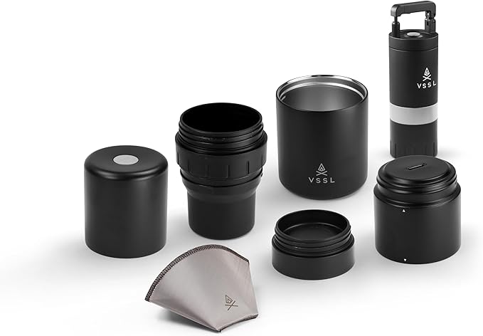 Nest Pour Over Coffee Kit + Java G25 Grinder Gift Set, Contains Two 10 Oz Mugs, Splash Proof Lid, Pour Over Coffee Dripper, Java G25 Grinder and Storage Connector, Black
