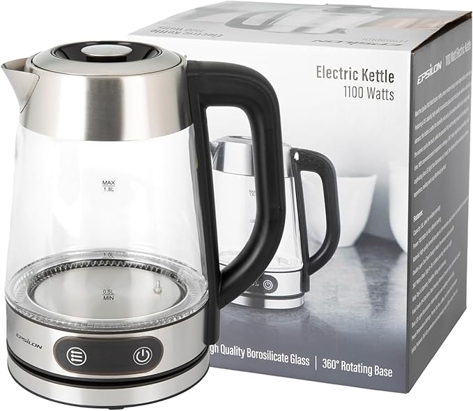 Epsilon 1.8L Glass Electric Kettle – Hot Water Tea Kettle with Borosilicate Glass & Stainless Steel, Auto Shut-Off, Fast Boil 1500W Electric Teapot, BPA-Free, Cool Touch Base