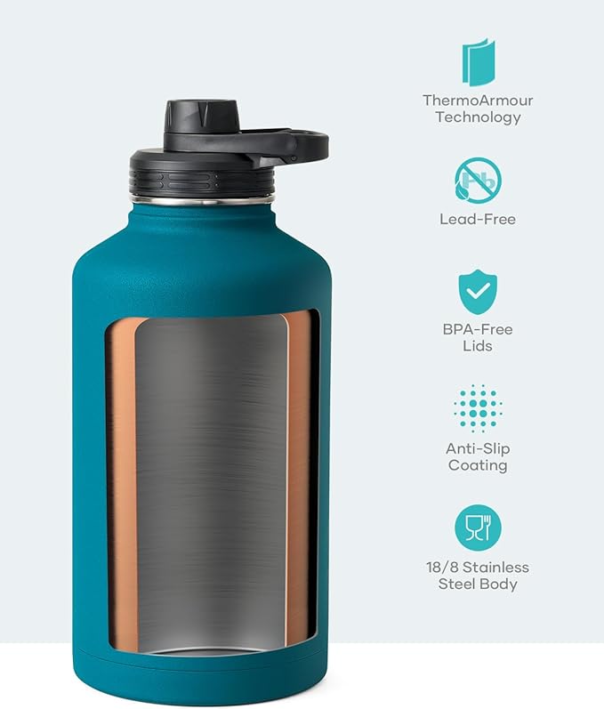 BUZIO 64 oz Water Bottle Insulated with Straw & 3 lid and Carrying Pouch, Leak Proof Half Gallon Stainless Steel Water Flask Jug, Cold for 48 Hrs Double Vacuum Thermo Canteen, BPA-Free, Dark Blue