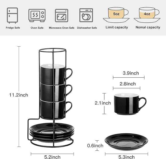 4oz Porcelain Stackable Espresso Cups with Saucers and Metal Stand Set of 4, Stackable Cappuccino Cups, Black Expresso Shots Cup Set for Coffee Drinks, Latte, Americano, Tea