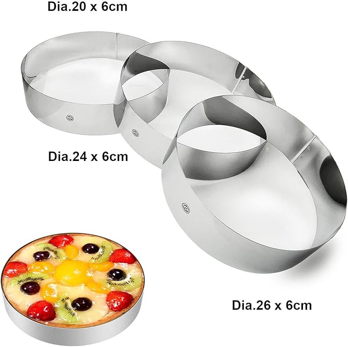 NEWLINE NY Stainless Steel Cake Mousse Rings for creating Round Appetizers, Molded Salads, Cakes, Mousse and Desserts, 3 Round Cake Mousse Flan Rings 8", 9.5" 10.5" Set