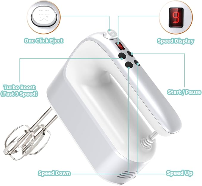 9-Speed Digital Hand Mixer Electric, 400W Powerful DC Motor, Baking Mixer Handheld with Snap-On Storage Case, 5 Stainless Steel Accessories, Flat Beaters, Dough Hooks, Whisk (Silvery & White)