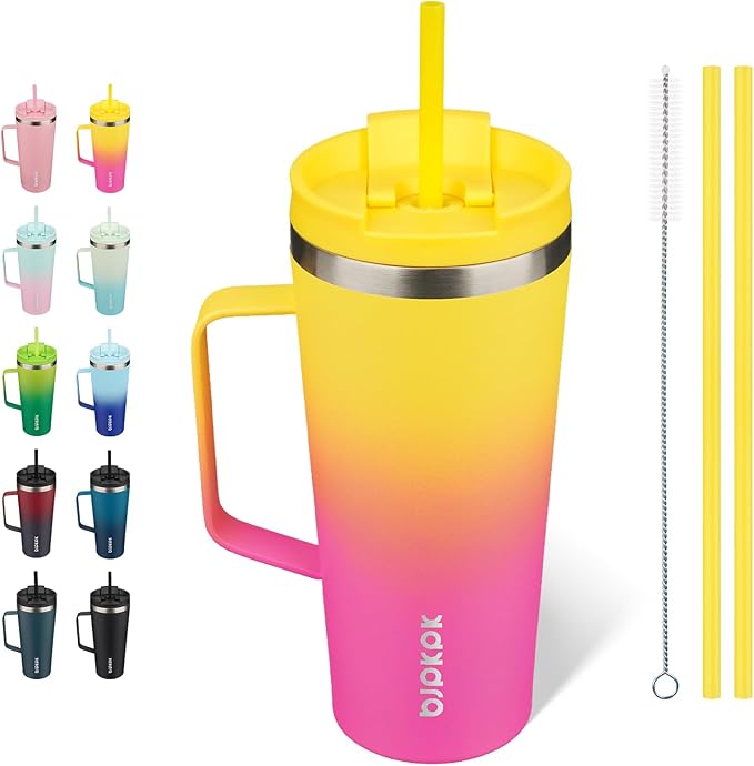 BJPKPK Insulated Tumbler with Handle, 22oz Insulated Tumblers with Lid and Straw, Stainless Steel Metal Water Bottles, Coffee Travel Mugs, Cups, Pink & Yellow Rose