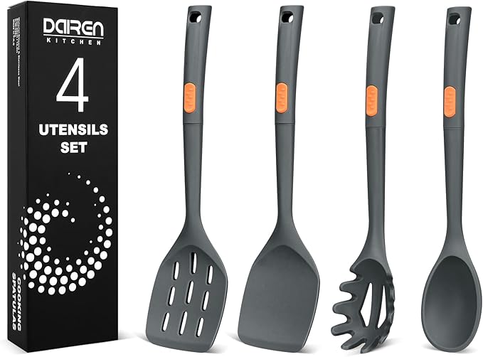 Silicone Spatulas and Spaghetti Spoons, 4 Pack Heat Resistant Full Silicone Cooking Utensils Set, Non Stick Large Kitchen Spatula Spoons for Cooking, Mixing, Serving, Draining