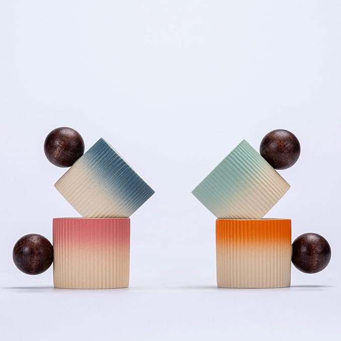 Ceramic Mini Espresso Cups Demitasse Cups with Round Wooden Handle Vertical Stripes Tea Cups (Multicolor-B, 4pcs)