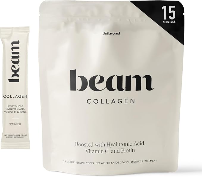 Beam Collagen Powder, Collagen for Women, Collagen with Hyaluronic Acid, Collagen Peptides Type 1 and 3, with Biotin, Grass Fed Bovine, Third-Party Tested, Best for Coffee, Vitamin C, 15 Servings