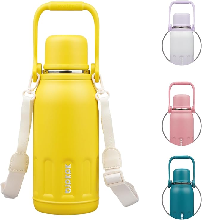 BJPKPK Insulated Thermos 40oz Disherwasher Safe Water Bottle with Handle and Lid Stainless Steel Water Bottles For Cold and Hot Beverages,Yellow