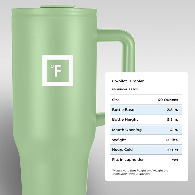 IRON °FLASK Co-Pilot Insulated Mug w/Straw & Flip Cap Lids - Cup Holder Bottle for Hot, Cold Drink - Leak-Proof - Water, Coffee Portable Travel Mug - Apple Green, 40 Oz