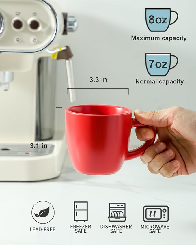 Hasense 7 Ounce Cappuccino Cups Set of 4 Perfect for Latte, Americano, Cafe Mocha and Tea, Ceramic Coffee Cups Ideal for Party Cafe Home and Kitchen, Microwave and Dishwasher safe, Red