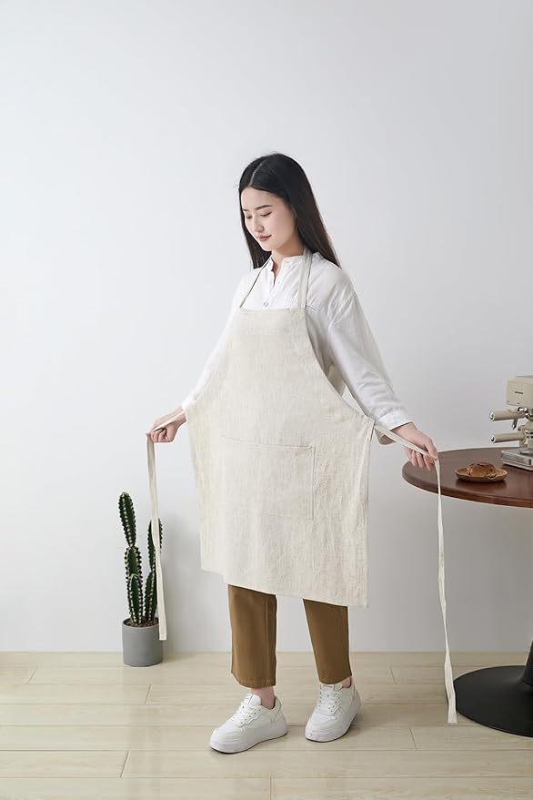 Cotton Linen Apron for Women - Adjustable Casual Apron with Pocktes, Great for Florist, Coffee House and Kitchen