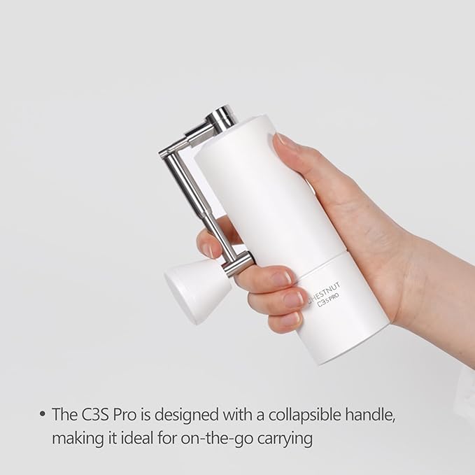 TIMEMORE Chestnut C3S Pro Manual Coffee Grinder, Stainless Steel S2C Conical Burr Coffee Grinder, Hand Coffee Grinder with Foldable Handle, Adjustable Grind Setting for Travel/Camping/Home, White