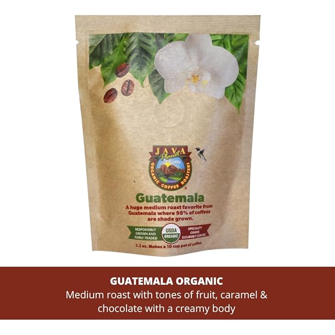 Sampler Variety Pack, Low Acid Organic Coffee Beans in Linen Gift Bag: Whole Bean, Mold-Free & Stomach Friendly, by Java Planet - Arabica Gourmet Coffee, 1.32 LBs of coffee packaged in six 3.2 oz bags