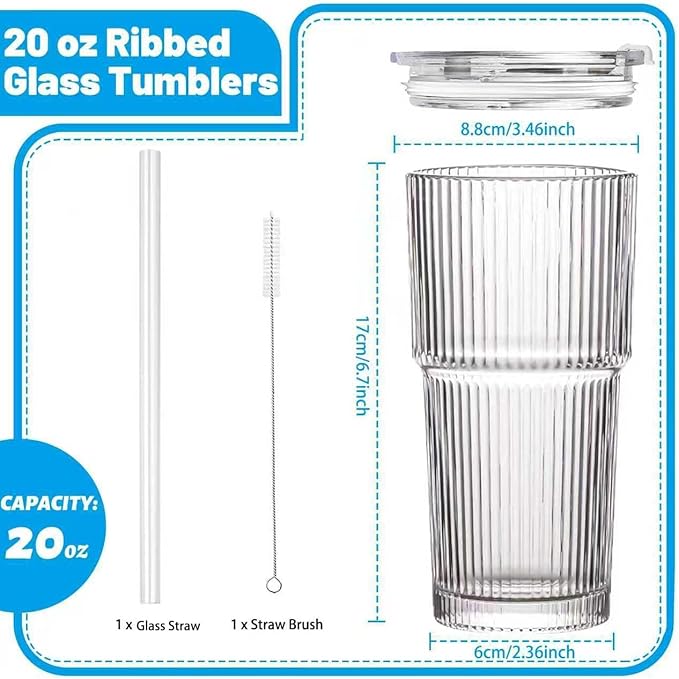 20 oz Glass Tumbler with Lid and Straw, Clear Ribbed Iced Coffee Cup, High Borosilicate Glass Tumbler, Reusable Vintage Glassware for Iced Coffee, Smoothies, Cocktails, and Juices
