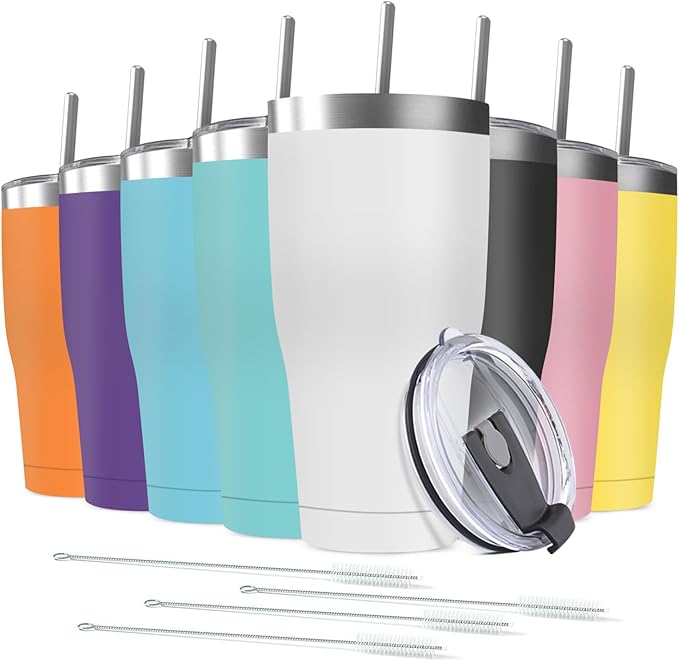 8 Pack 20oz Stainless Steel Tumblers Bulk Reusable Travel Mugs with Lid, Double Wall Powder Coated Coffe Cup for Home, Office, Outdoor Suitable for Vehicle Cup Holders