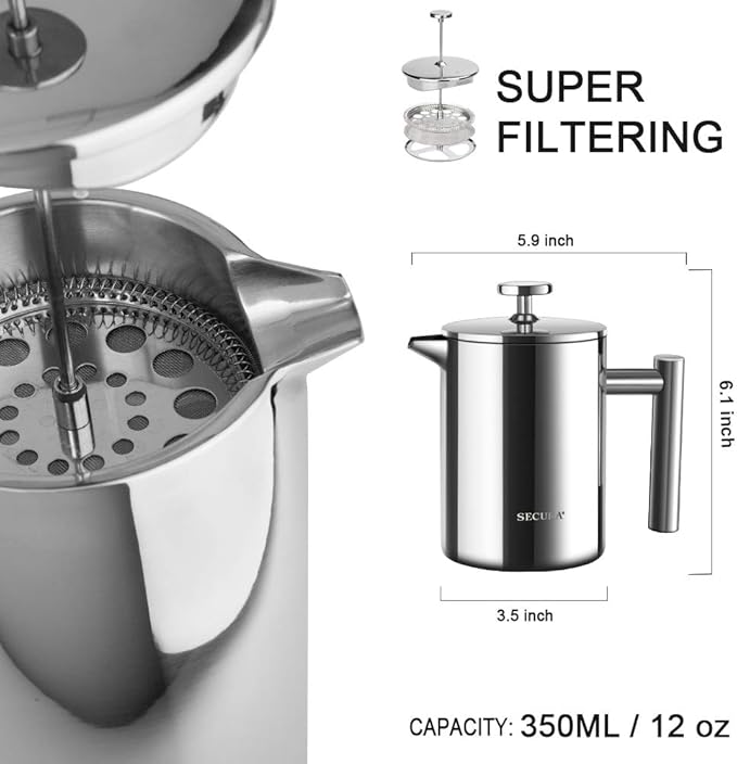 Secura French Press Coffee Maker, 304 Grade Stainless Steel Insulated Coffee Press with 2 Extra Screens, 12oz (0.35 Litre), Silver (SFP-12DS)