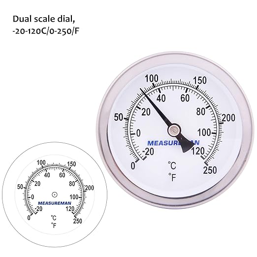 MEASUREMAN Hot Water Bi-Metal Thermometer, 2-1/2" Dial, 1-3/4" Lead-Free Brass Stem, Range 0-250 deg F/-20-120 deg C, 2% Accuracy, Adjustable, 1/2" NPT Back Mount（2 Pack