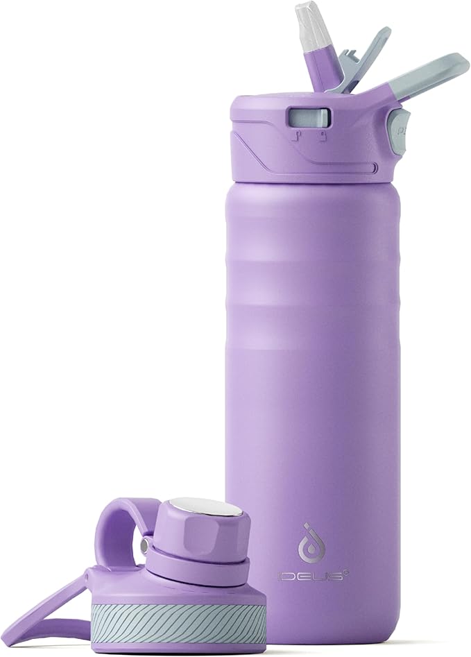 IDEUS Insulated Stainless Steel Water Bottle with 2 Leak-Proof Lids, Thermal Water Flask for Hiking Biking, 24oz, Violet