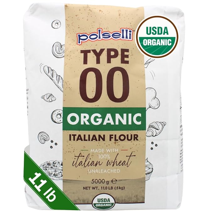 POLSELLI Organic Flour, Type 00, 100% Italian Grain, Double Zero Flour, OO Extra Fine, 5 kg, 11 lbs, BIO, Neapolitan Italian Pizza, Bread, Pasta, All Natural, Unbleached, All-Purpose, Unbromated, No Additives