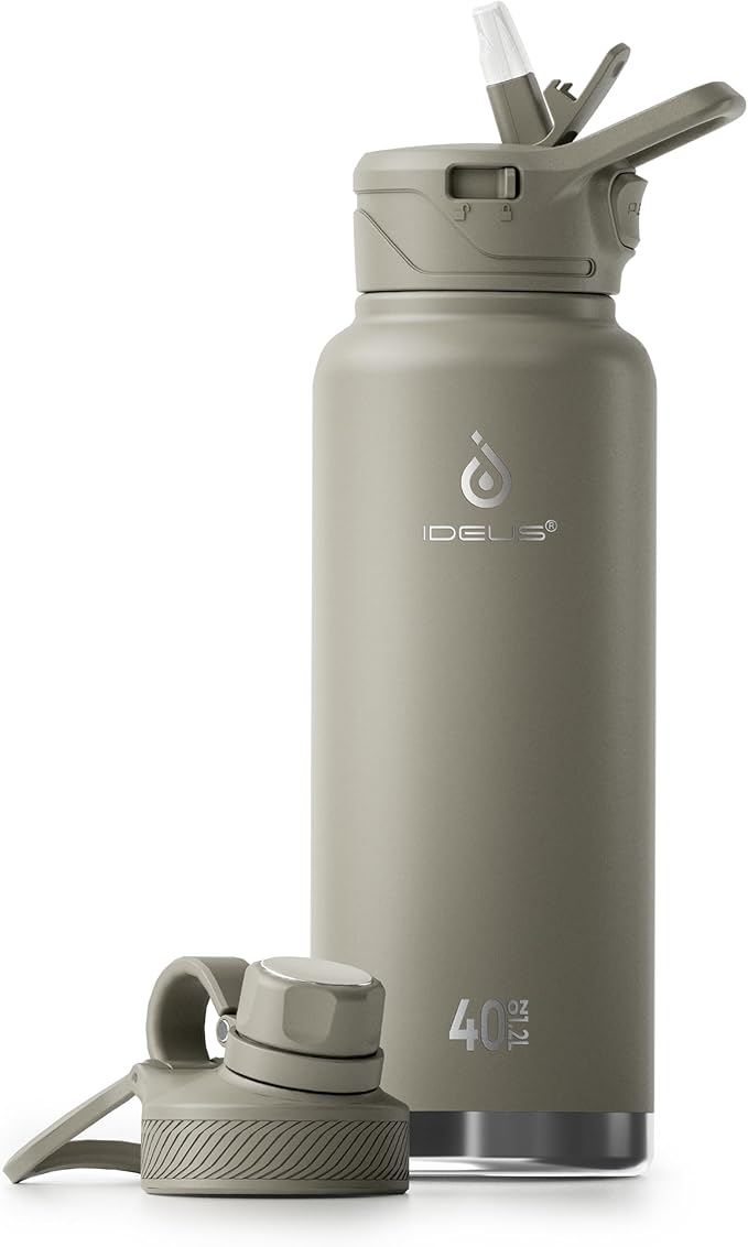 IDEUS Insulated Stainless Steel Water Bottle with 2 Leak-Proof Lids, Thermal Water Flask for Hiking Biking, 40oz, Celadon