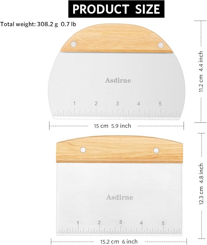 Dough Cutter, Dough Scraper with Wooden Handle and Food Grade Stainless Steel Blade, Pastry Scraper, 15CM, 2Pcs