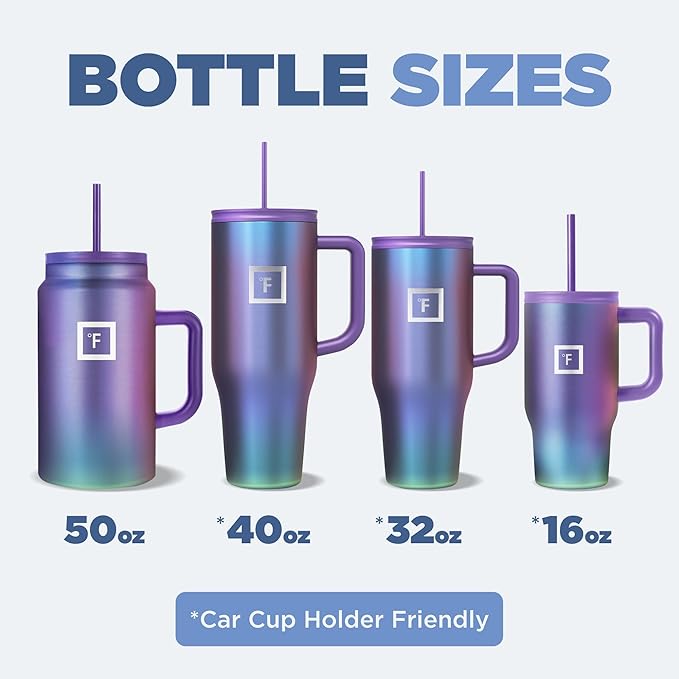 IRON °FLASK Co-Pilot Insulated Mug w/Straw & Flip Cap Lids - Cup Holder Bottle for Hot, Cold Drink - Leak-Proof - Water, Coffee Portable Travel Mug - Aurora, 50 Oz